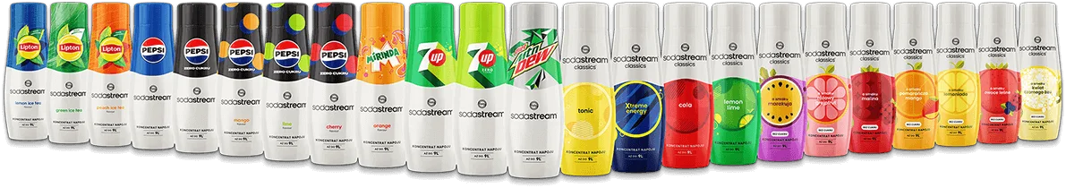 Pełna gama syropów Sodastream, między innymi Pepsi, Lipton Ice Tea, Mountain Dew i różnorodne smaki owocowe.